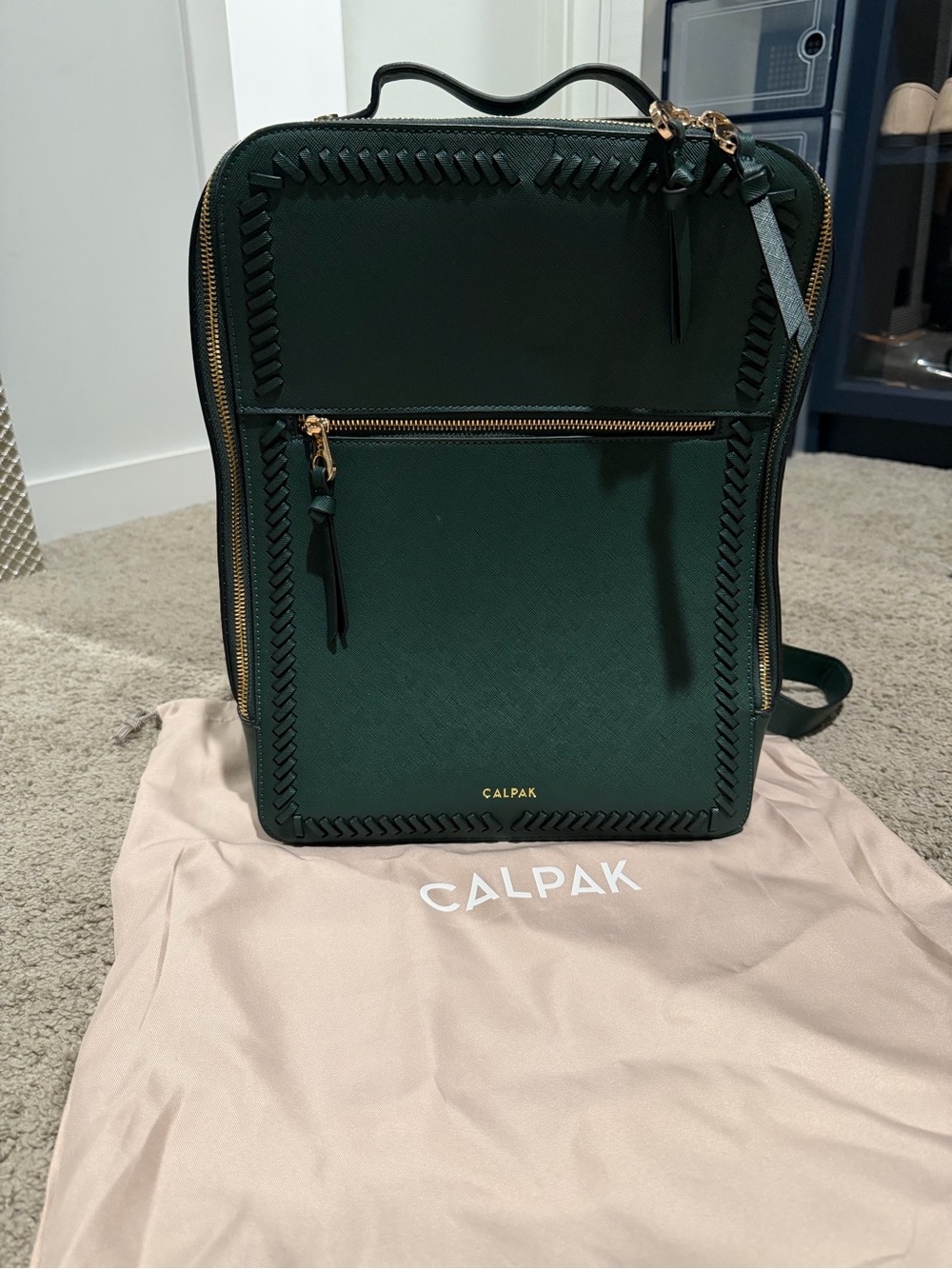 Calpak Dark Green Leather Backpack with Gold Hardware